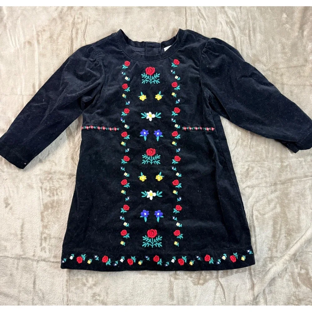 Hanna Andersson Toddler Girls Black Velvet‎ Embroidered Floral Tunic Dress US 3